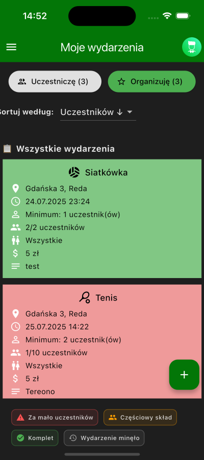 my events screen