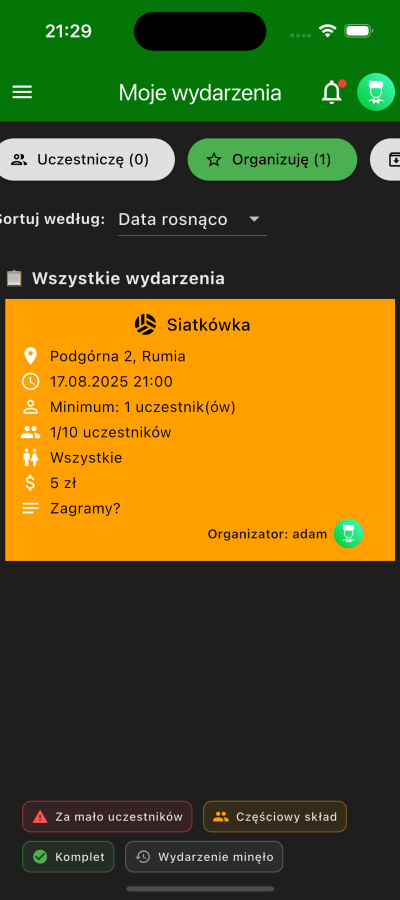 my events screen